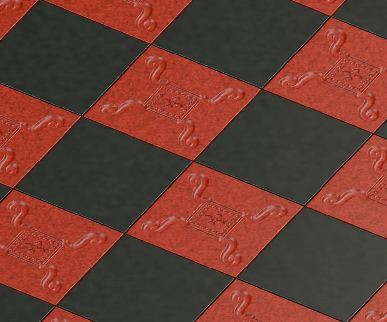 Mirrored scrolls and dotted centers engraved into the club's red marble chess tiles