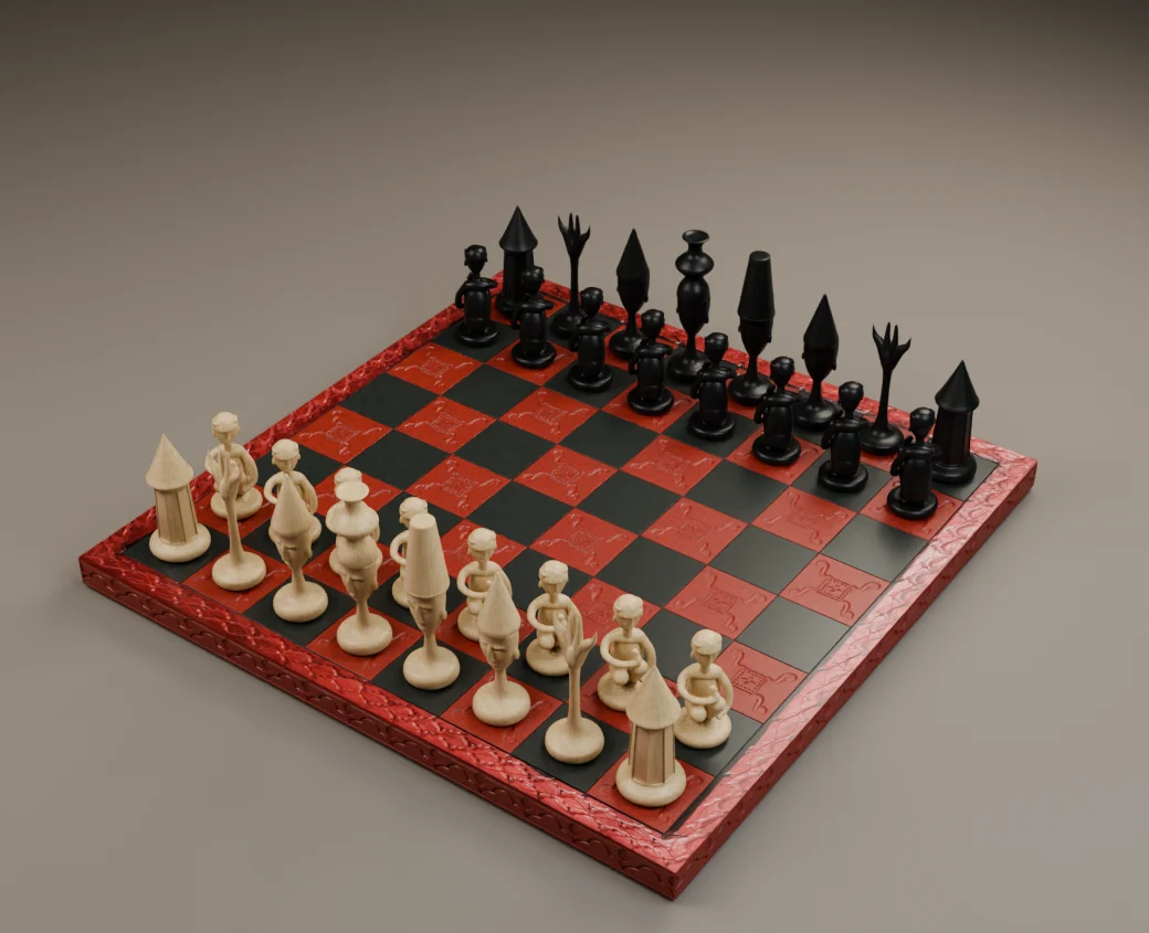 The Board Meeting carved chess set